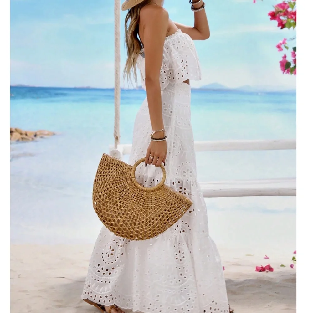 Boho White Eyelet Embroidered Crop Top Maxi Skirt Set - Picture 5 of 6